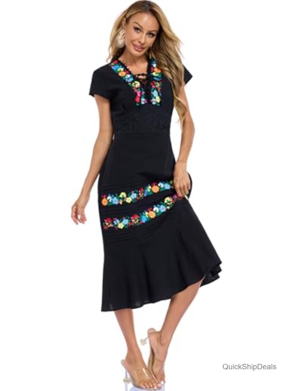 Mexican Embroidered Floral Maxi Dress Lace-Up V-Neck Boho Summer